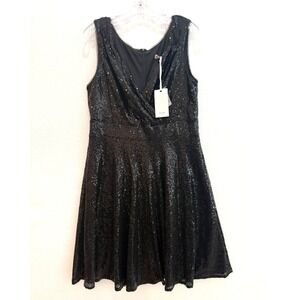 NWT Grace Karin Size XL Sleeveless Black Sequin V Neck Wrap Bodice A-Line Dress